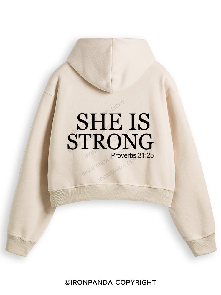 SHE IS STRONG Fleece Crop Zip Up Hoodie