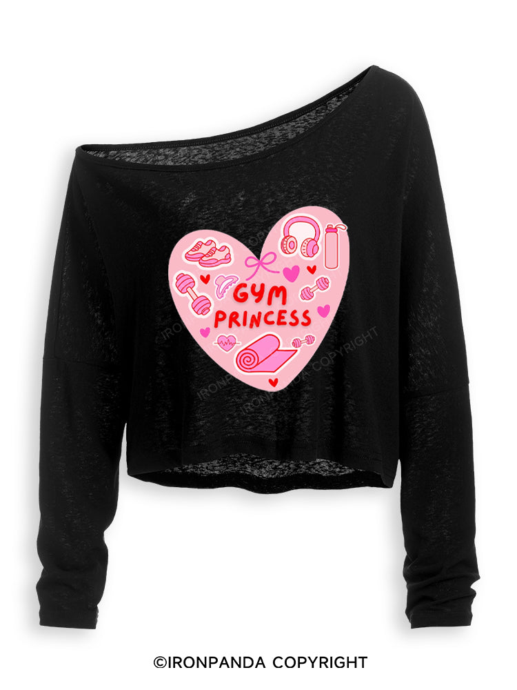 Pink Gym Princess Off Shoulder Long Sleeve Crop Top