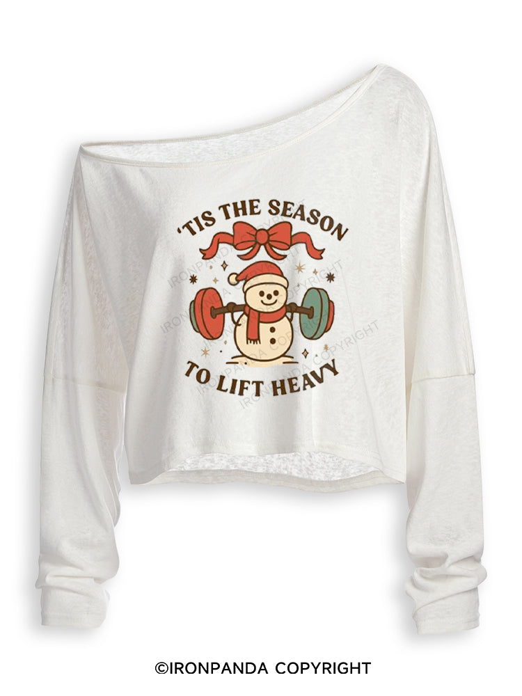TIS THE SEASON TO LIFT HEAVY Off Shoulder Long Sleeve Crop Top