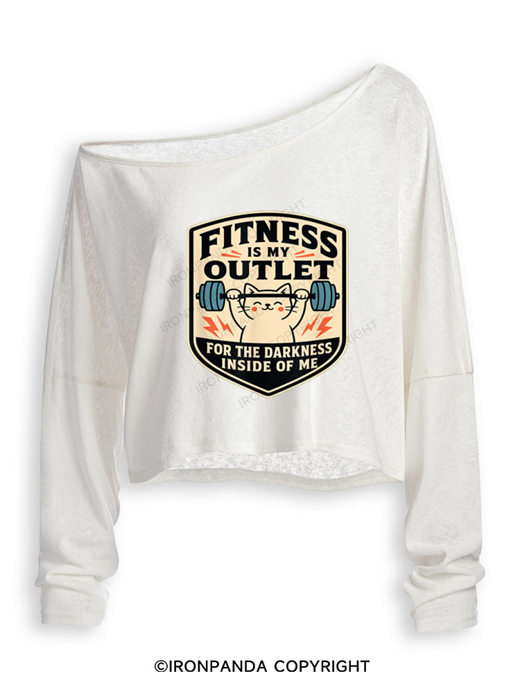 FITNESS IS MY OUTLET FOR THE DARKNESS INSIDE OF ME Off Shoulder Long Sleeve Crop Top