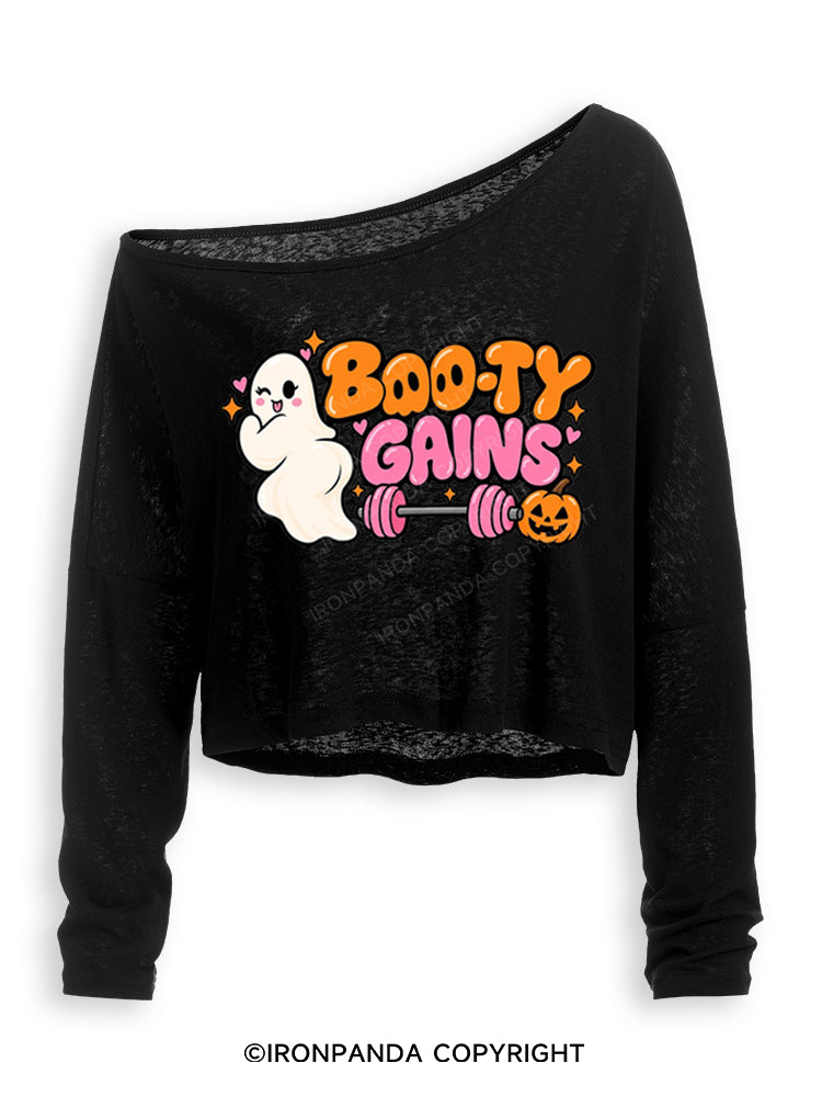 BOO-TY GAINS CUTE GHOST HALLOWEEN Off Shoulder Long Sleeve Crop Top