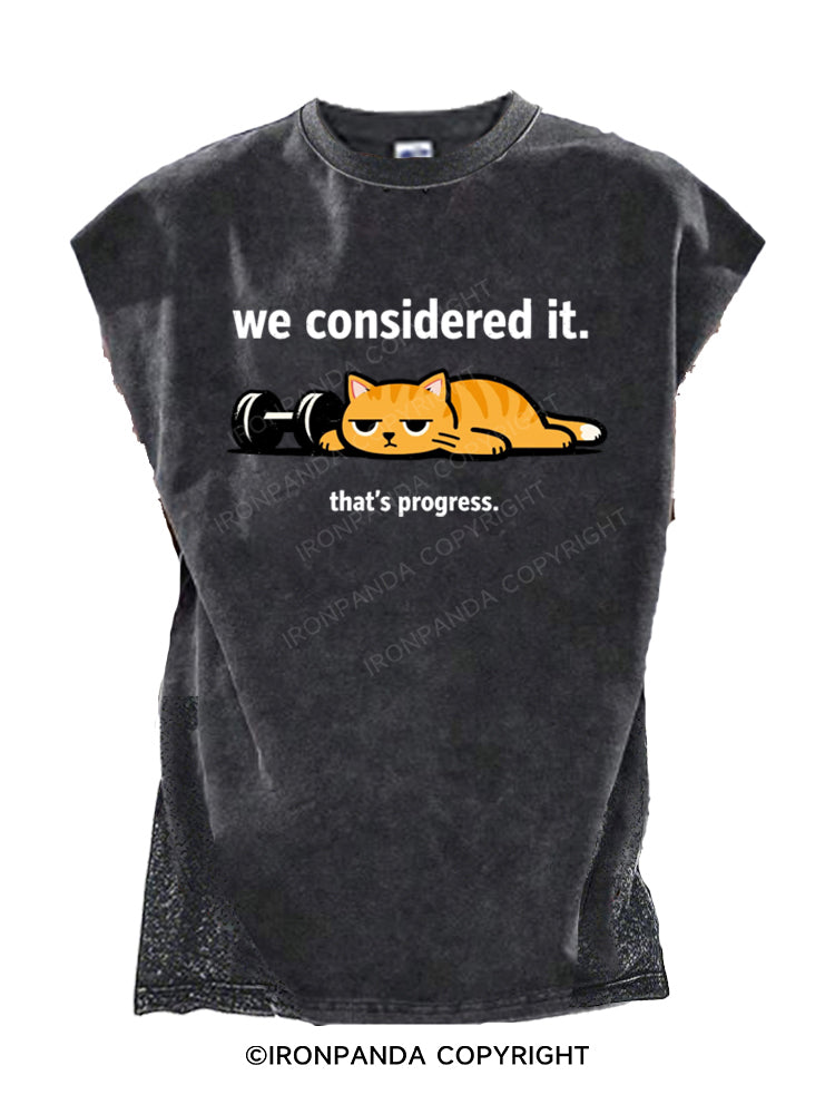 We Considered It That's Progress Lazy Cat Dumbbell Cut Off Tank