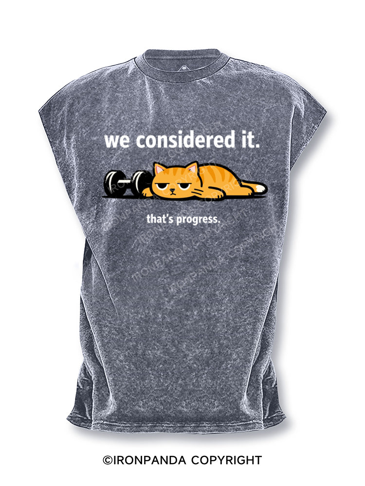 We Considered It That's Progress Lazy Cat Dumbbell Cut Off Tank
