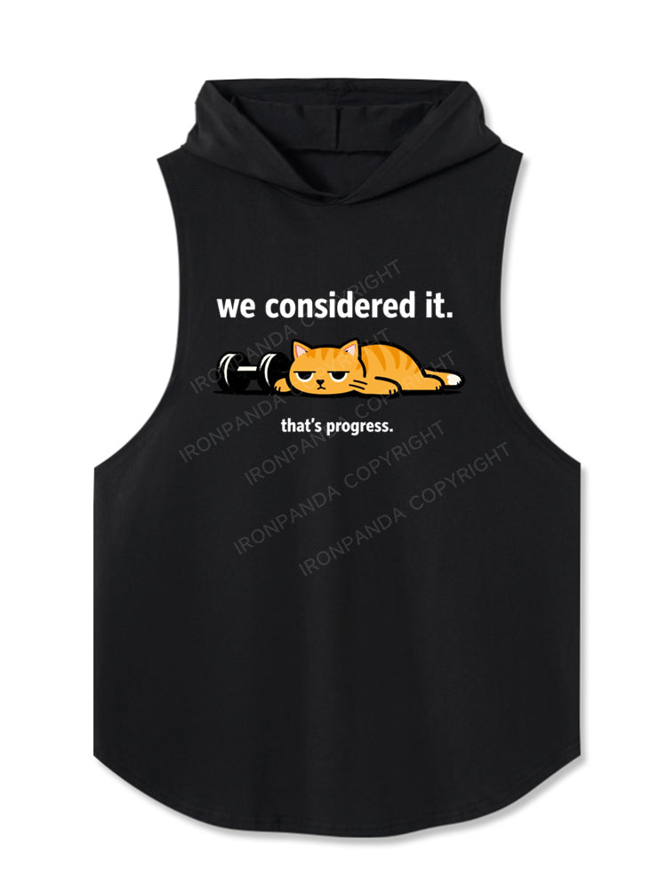 We Considered It That's Progress Lazy Cat Dumbbell Hooded Tank