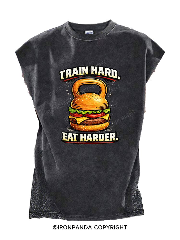 Train Hard Eat Harder Funny Gym Burger Cut Off Tank