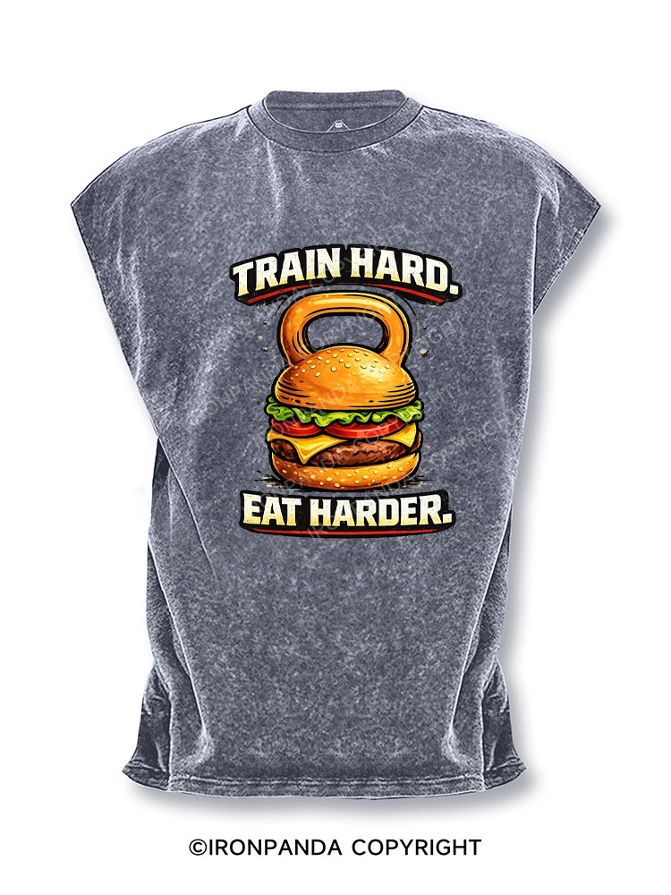 Train Hard Eat Harder Funny Gym Burger Cut Off Tank