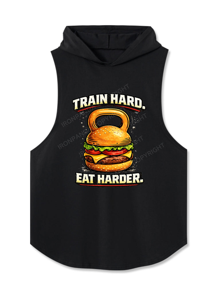 Train Hard Eat Harder Funny Gym Burger Hooded Tank