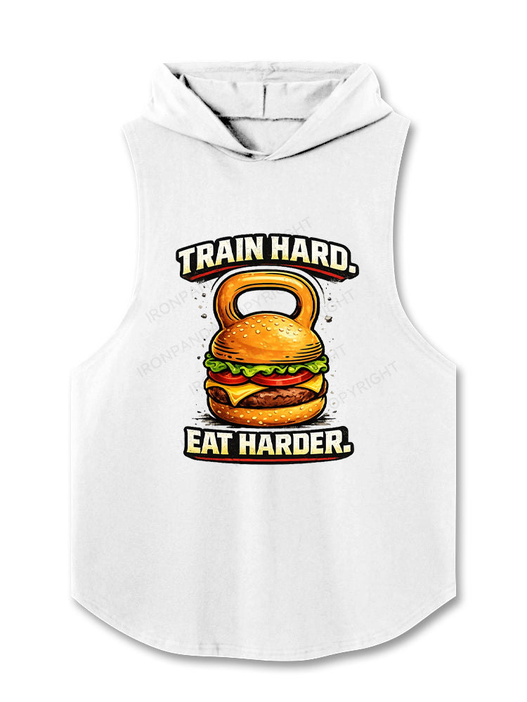 Train Hard Eat Harder Funny Gym Burger Hooded Tank