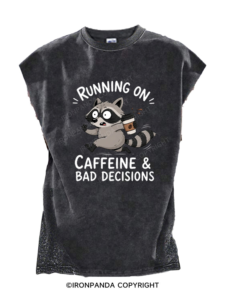 Running On Caffeine And Bad Decisions Funny Raccoon Cut Off Tank