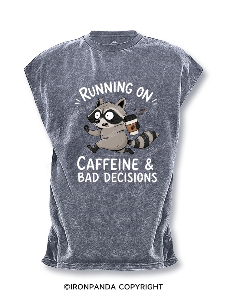 Running On Caffeine And Bad Decisions Funny Raccoon Cut Off Tank
