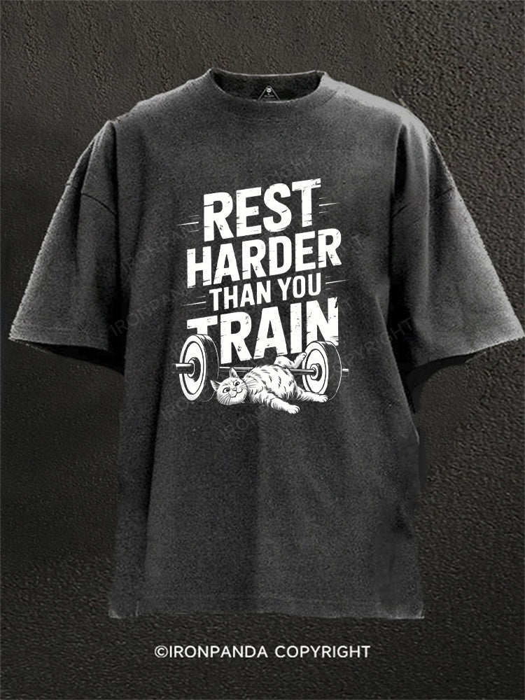 Rest Harder Than You Train Funny Cat Washed Gym Shirt