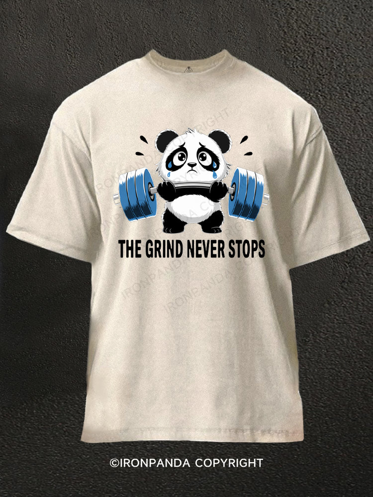 Funny Sad Panda Lifting Gym Humor The Grind Never Stops Washed Gym Shirt