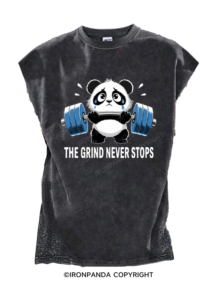 Funny Sad Panda Lifting Gym Humor The Grind Never Stops Cut Off Tank