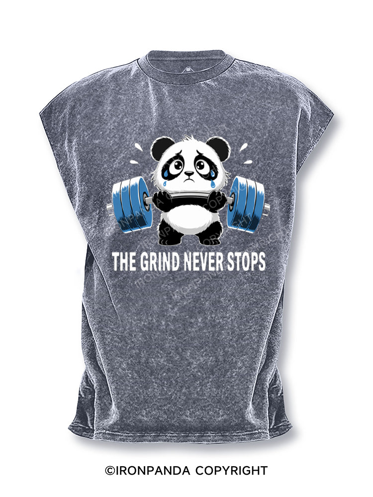 Funny Sad Panda Lifting Gym Humor The Grind Never Stops Cut Off Tank