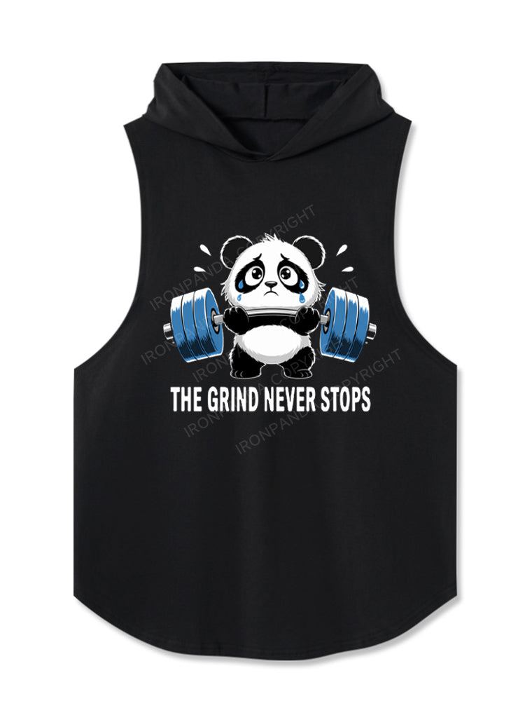 Funny Sad Panda Lifting Gym Humor The Grind Never Stops Hooded Tank