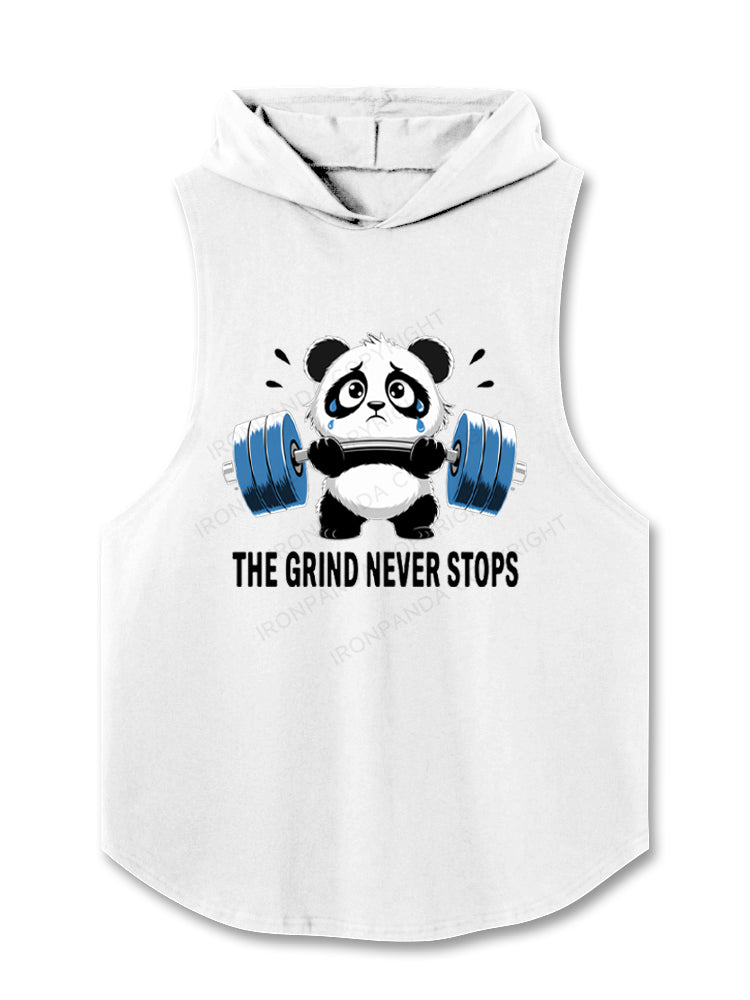 Funny Sad Panda Lifting Gym Humor The Grind Never Stops Hooded Tank