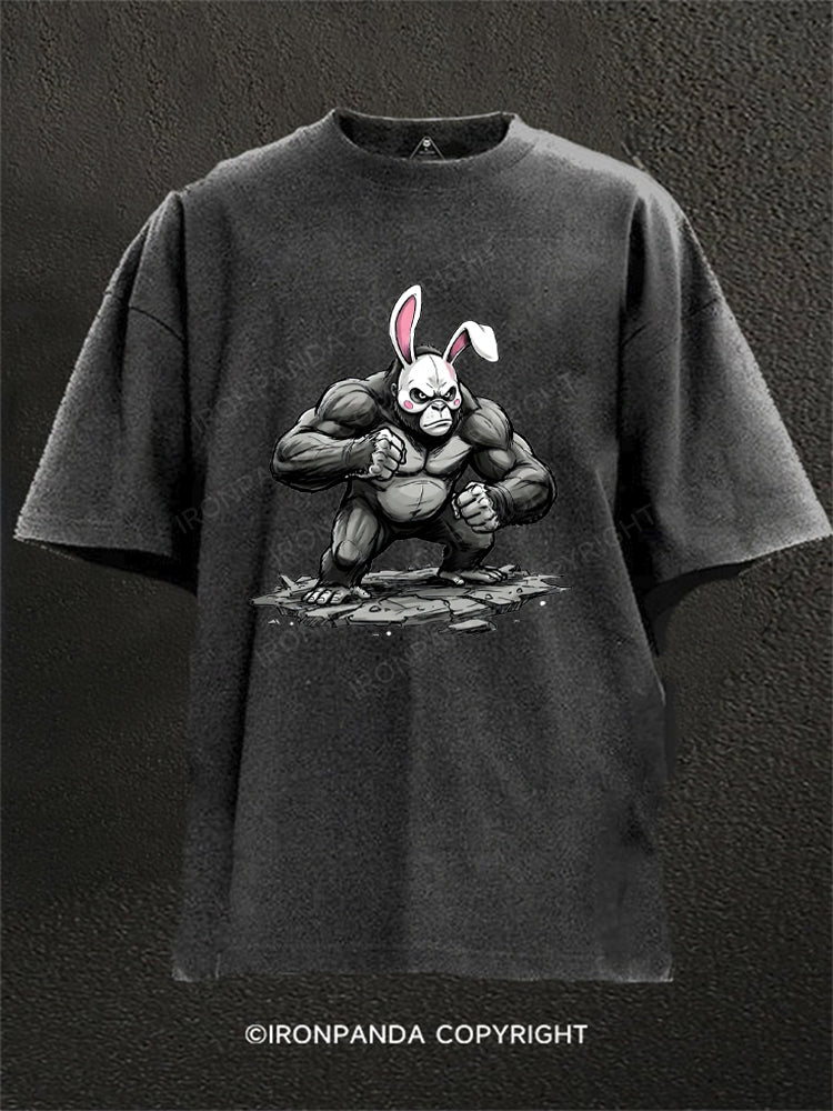 Edgy Gorilla in Cute Rabbit Mask Washed Gym Shirt