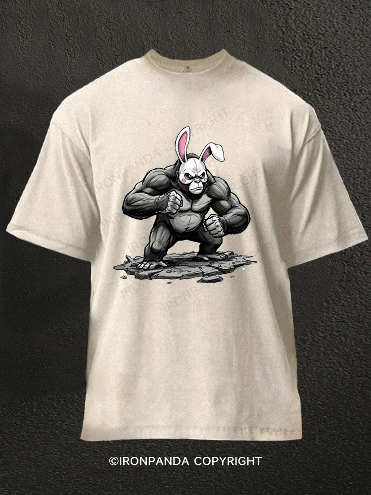 Edgy Gorilla in Cute Rabbit Mask Washed Gym Shirt