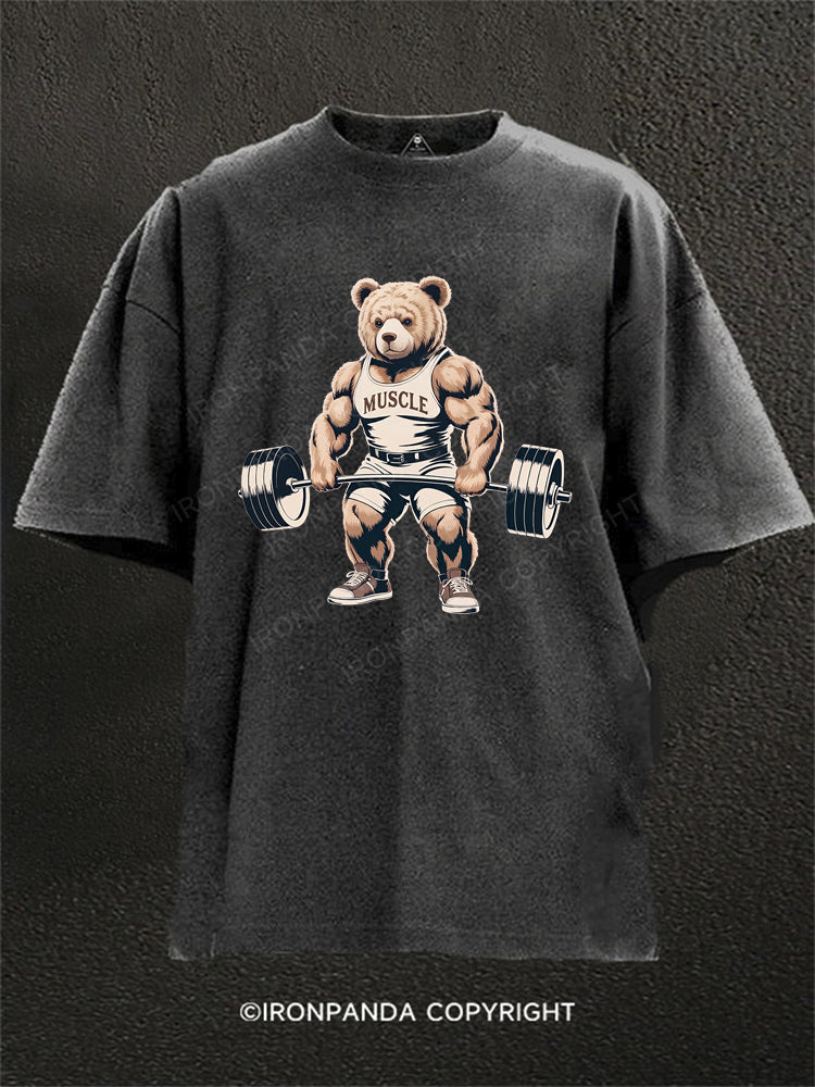 Funny Bear Lifting Weights Washed Gym Shirt
