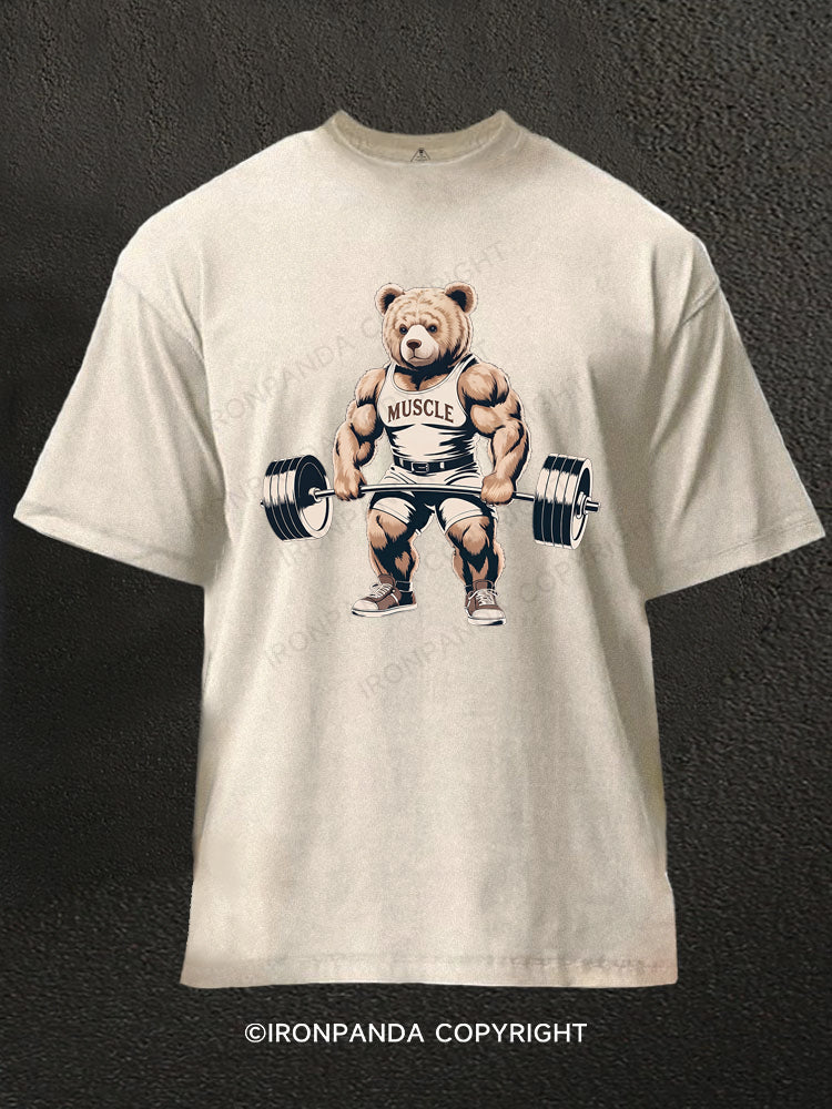 Funny Bear Lifting Weights Washed Gym Shirt