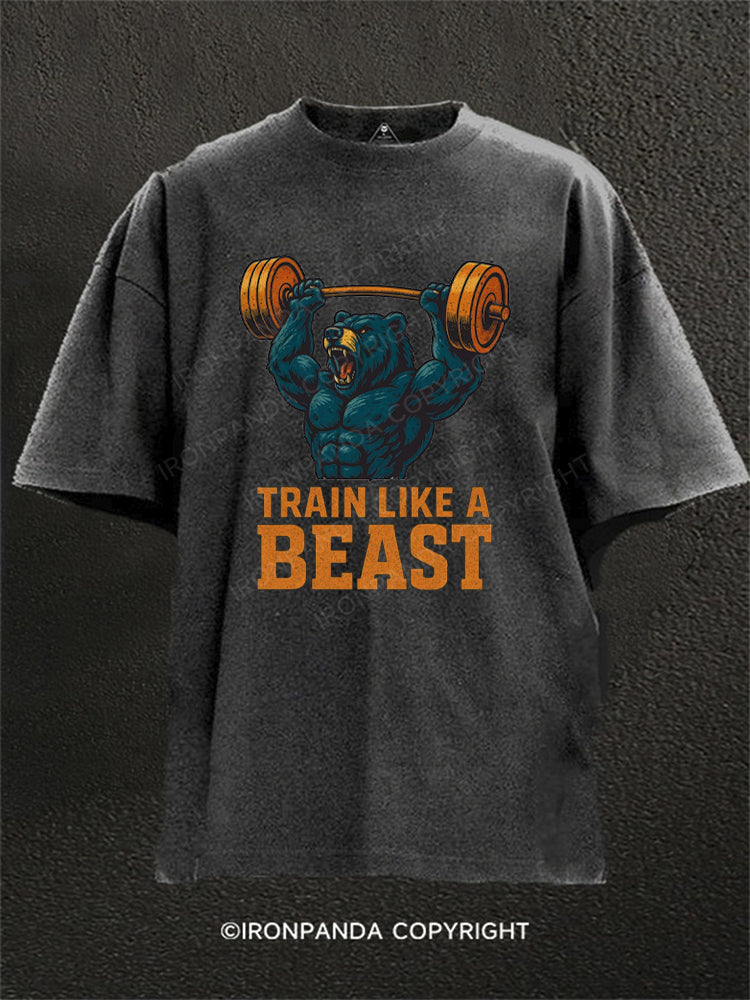 Train Like A Beast Bear Lifting Weights Washed Gym Shirt