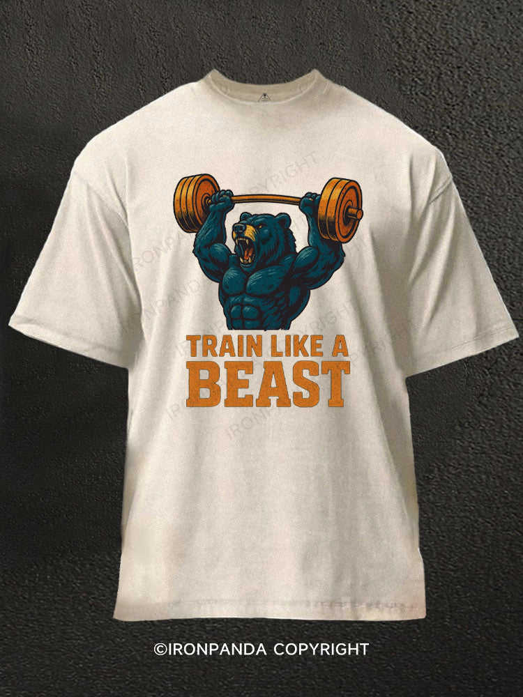Train Like A Beast Bear Lifting Weights Washed Gym Shirt
