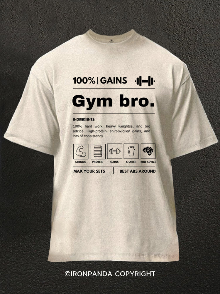 Funny Gym Bro Nutrition Facts 100% Gains Washed Gym Shirt