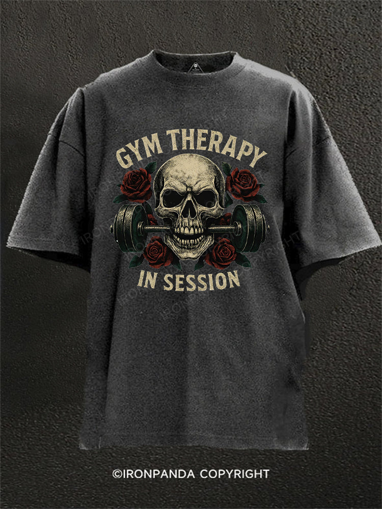 Gym Therapy in Session Skull Rose Weightlifting Washed Gym Shirt