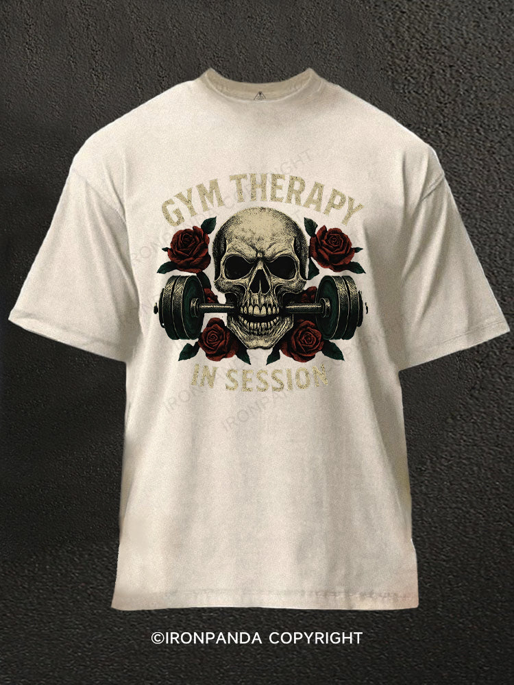 Gym Therapy in Session Skull Rose Weightlifting Washed Gym Shirt