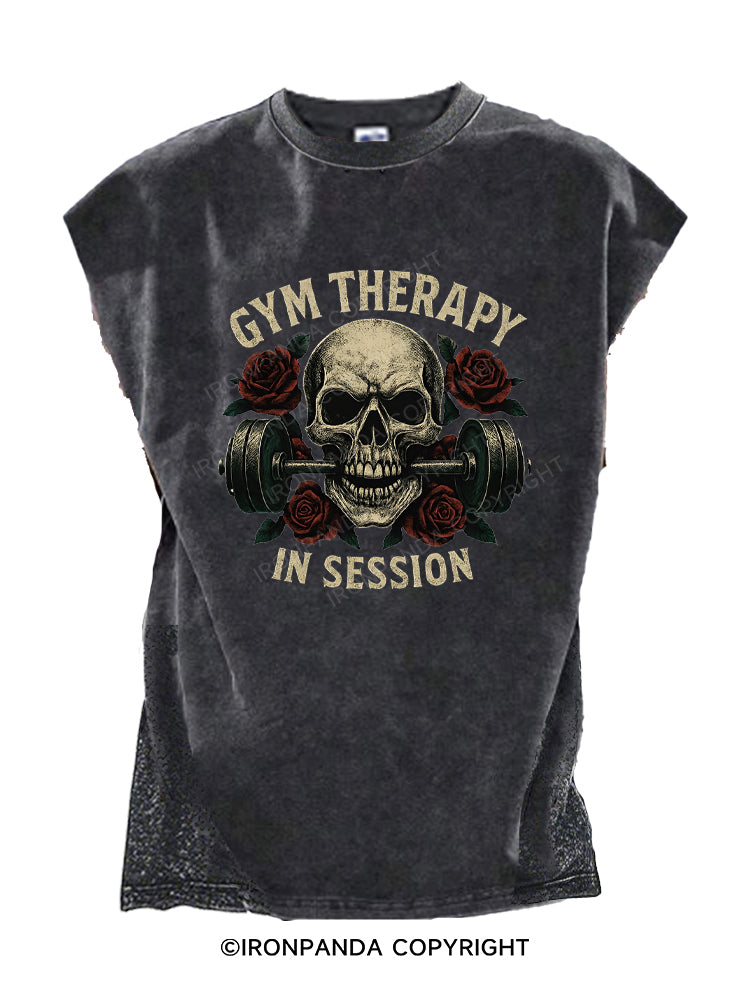 Gym Therapy in Session Skull Rose Weightlifting Cut Off Tank