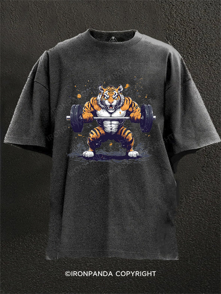 Muscular Tiger Weightlifting Washed Gym Shirt