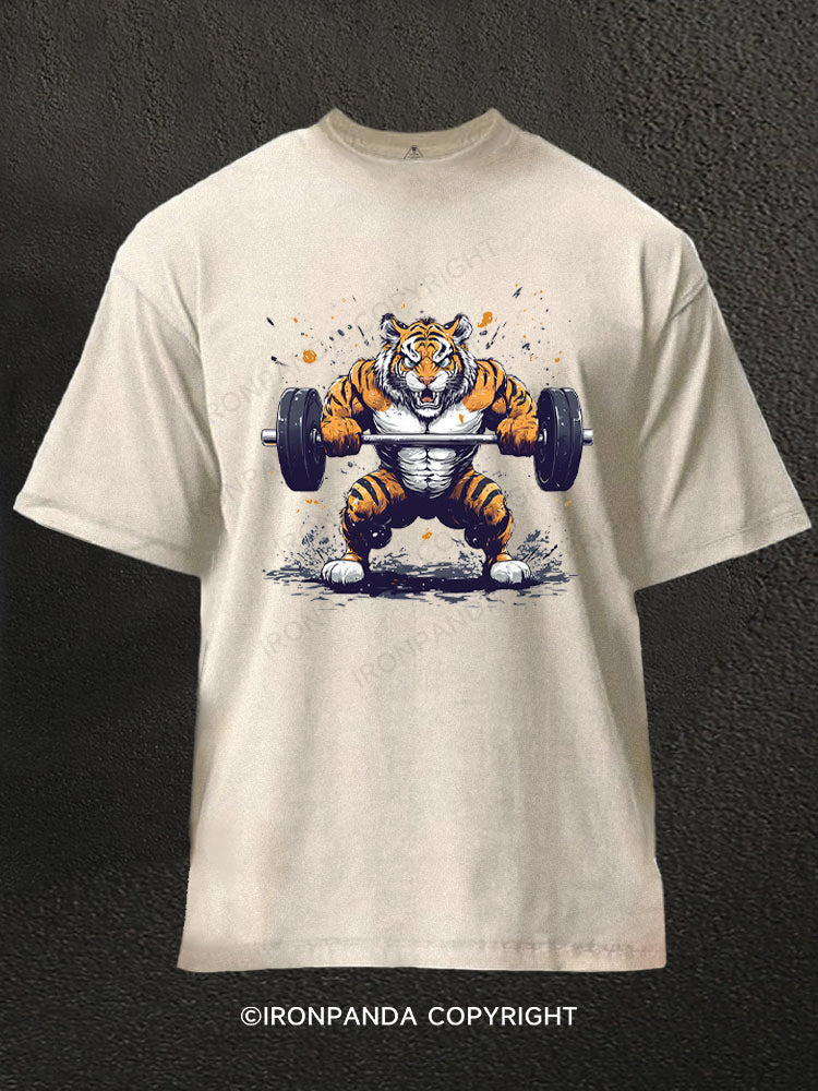 Muscular Tiger Weightlifting Washed Gym Shirt
