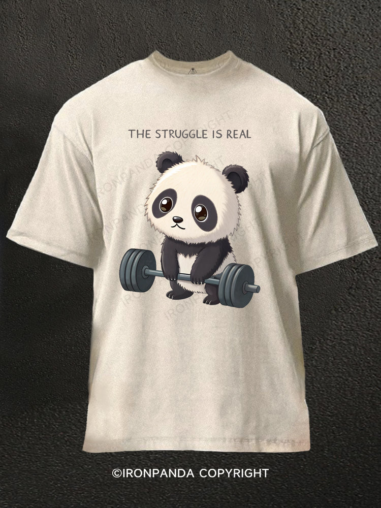The Struggle Is Real Panda Weightlifting Humor Washed Gym Shirt