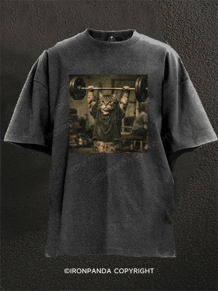 Funny Gym Cat Lifting Barbell Bodybuilding Weightlifting Washed Gym Shirt