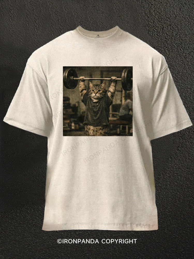 Funny Gym Cat Lifting Barbell Bodybuilding Weightlifting Washed Gym Shirt
