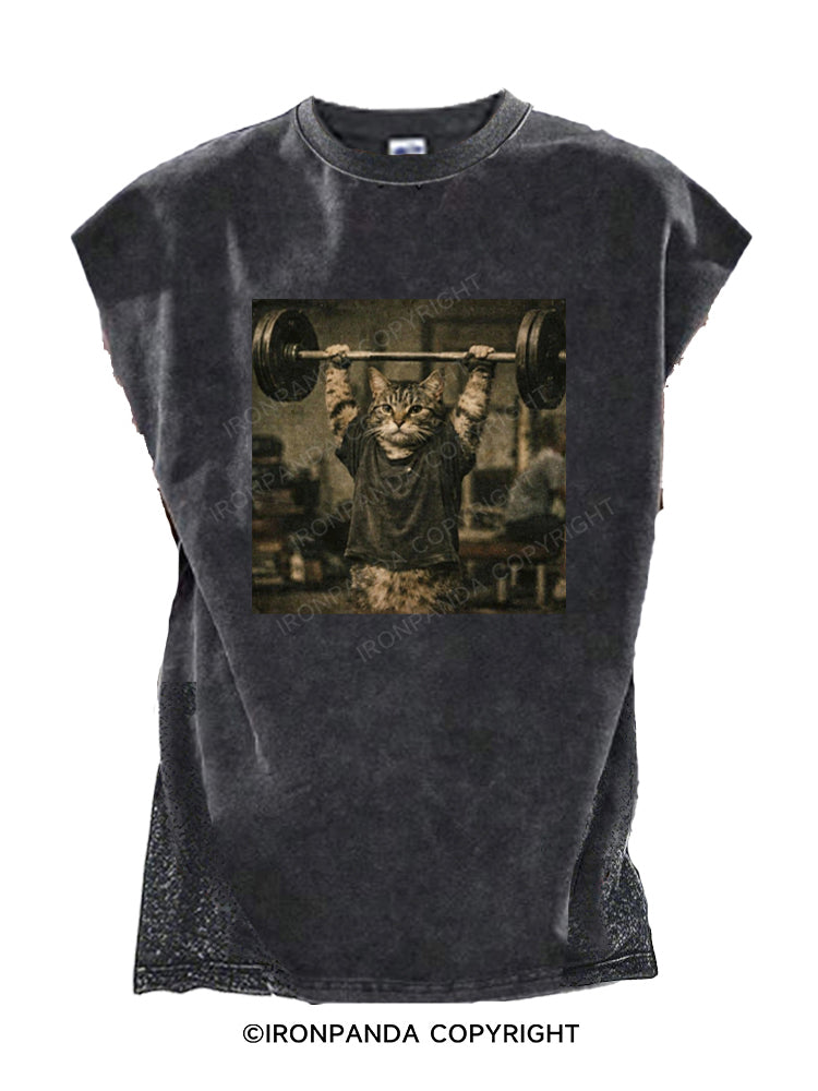 Funny Gym Cat Lifting Barbell Bodybuilding Weightlifting Cut Off Tank