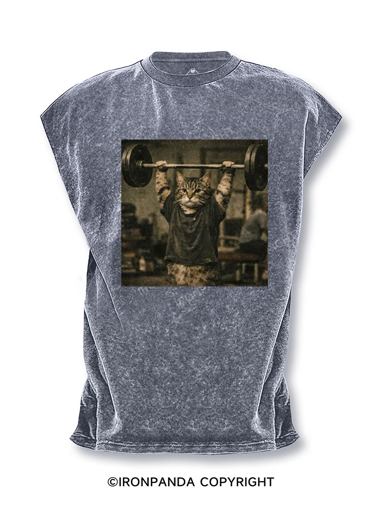 Funny Gym Cat Lifting Barbell Bodybuilding Weightlifting Cut Off Tank