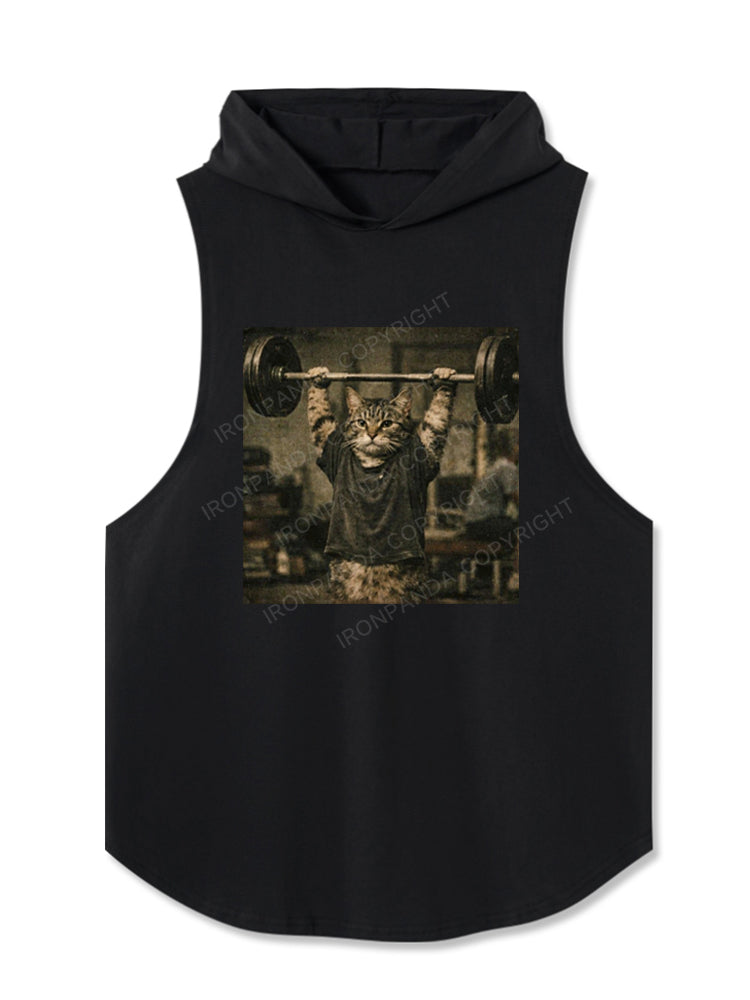 Funny Gym Cat Lifting Barbell Bodybuilding Weightlifting Hooded Tank