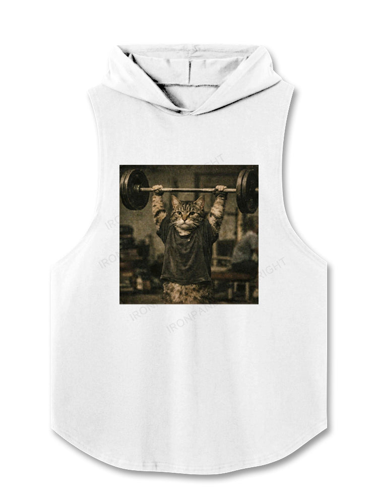 Funny Gym Cat Lifting Barbell Bodybuilding Weightlifting Hooded Tank