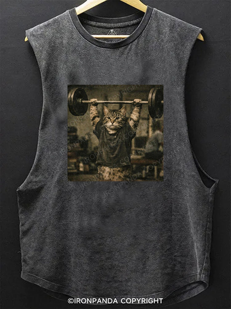 Funny Gym Cat Lifting Barbell Bodybuilding Weightlifting SCOOP BOTTOM COTTON TANK