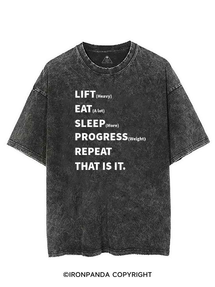 LIFT (HEAVY) EAT (A LOT) SLEEP (MORE) PROGRESS (WEIGHT) REPEAT THAT IS IT VINTAGE GYM SHIRT