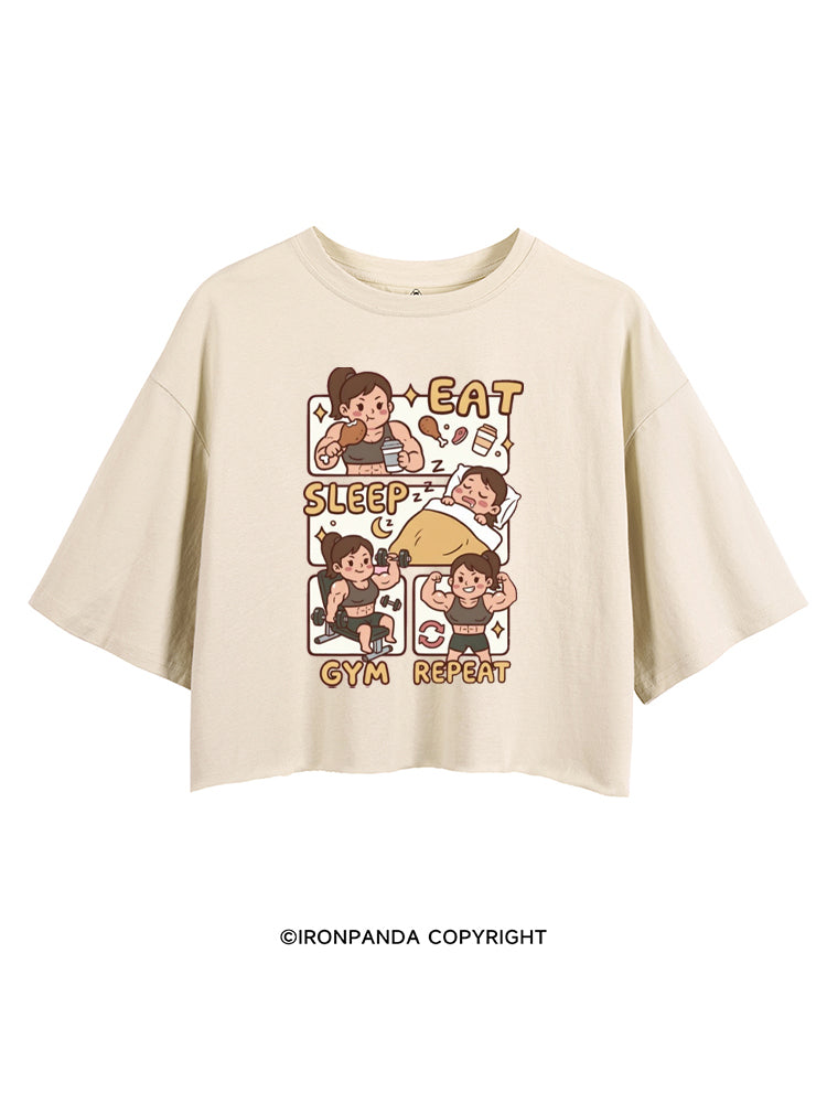 EAT SLEEP GYM REPEAT STRONG AND CUTE CROP TOPS