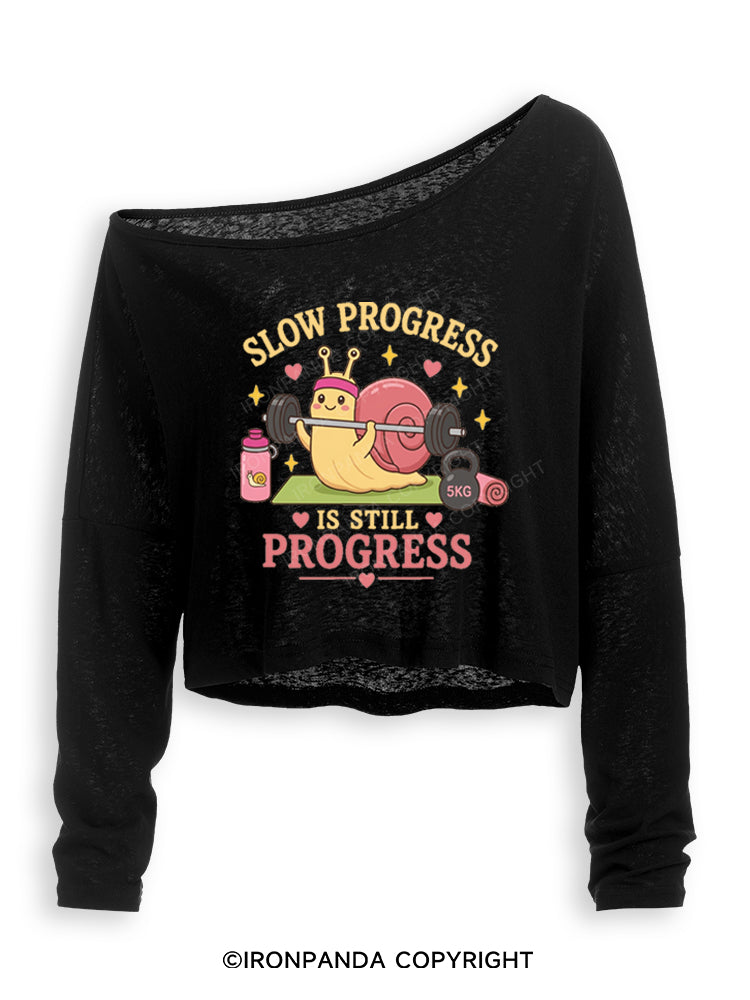 LOW PROGRESS IS STILL PROGRESS CUTE GYM SNAIL Off Shoulder Long Sleeve Crop Top