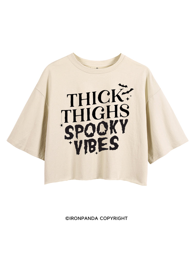 THICK THIGHS SPOOKY VIBES GHOST GYM CROP TOPS