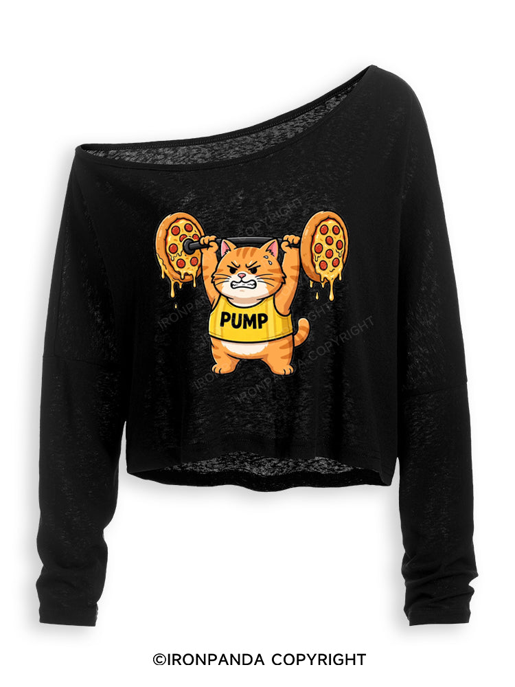 PUMP CAT LIFTING PEPPERONI PIZZA Off Shoulder Long Sleeve Crop Top