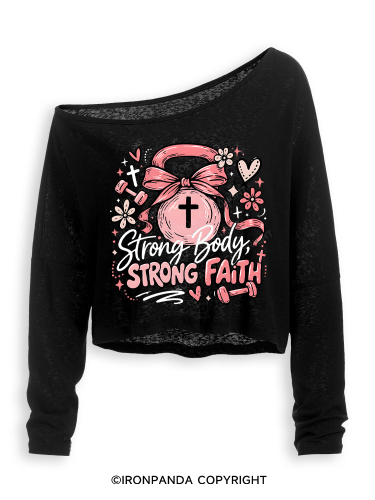 STRONG BODY, STRONG FAITH JESUS Off Shoulder Long Sleeve Crop Top