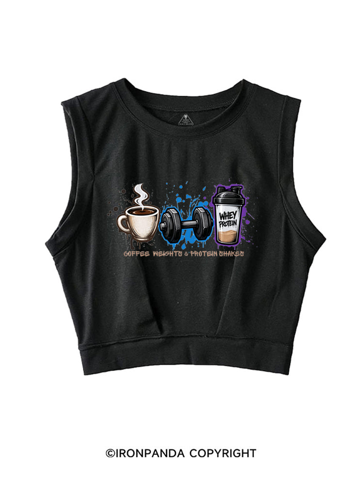 COFFEE WEIGHTS & PROTEIN SHAKES FUNNY GYM SLEEVELESS CROP TOPS