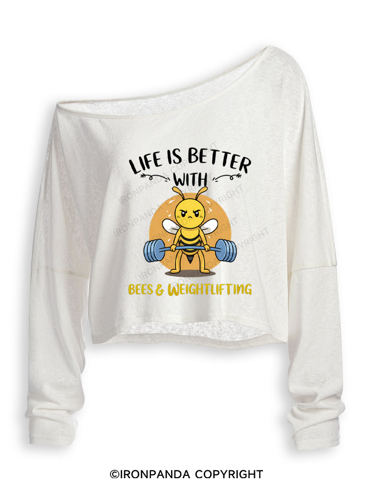 Life Is Better With Bees Weightlifting Off Shoulder Long Sleeve Crop Top