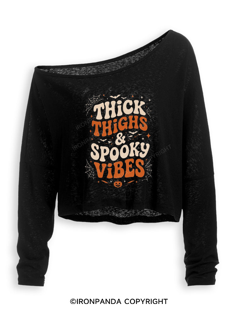 Thick Thighs And Spooky Vibes Skeleton Halloween Off Shoulder Long Sleeve Crop Top