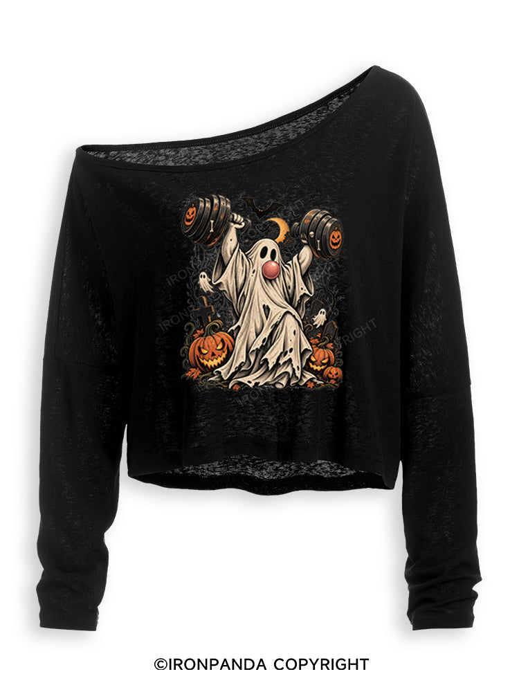 VINTAGE GHOST GYM WEIGHTLIFTING Off Shoulder Long Sleeve Crop Top